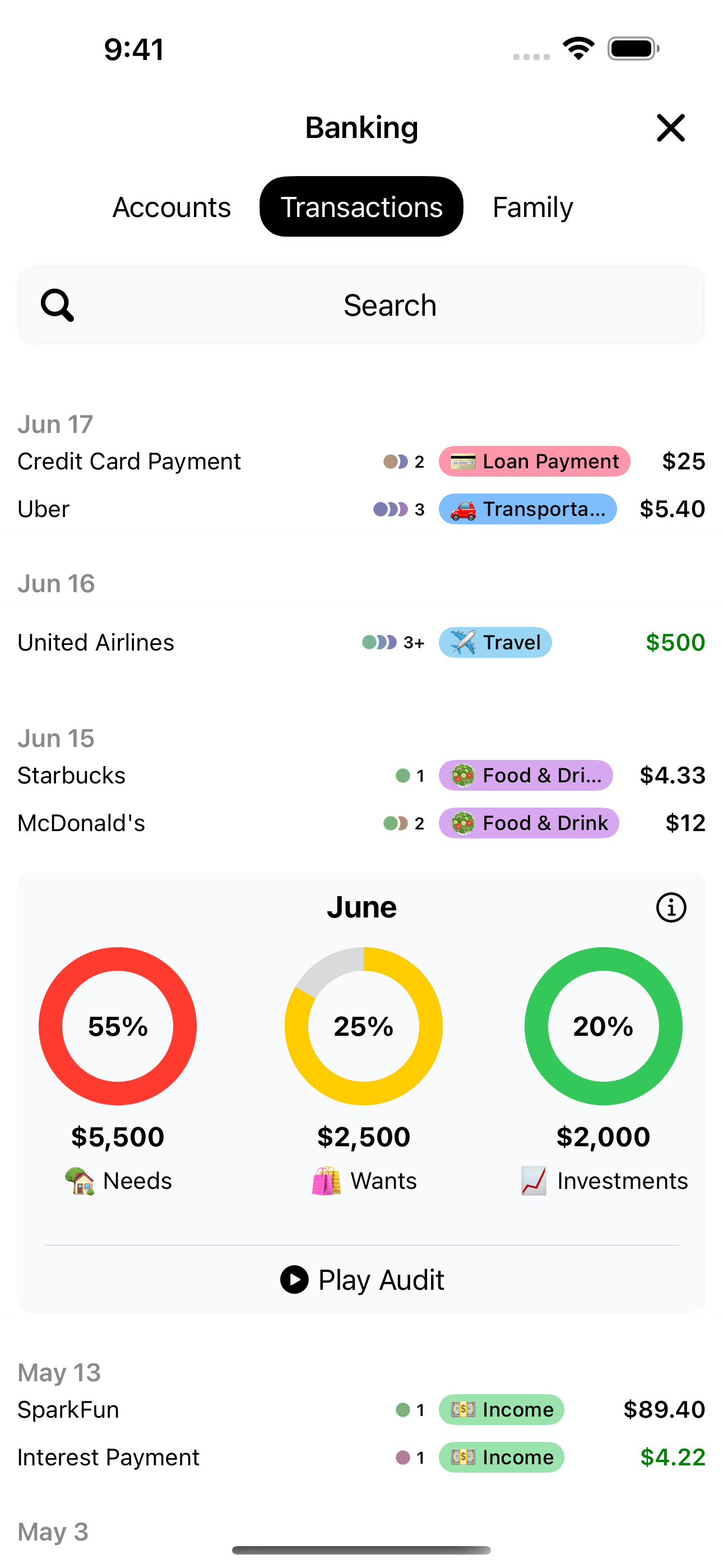 Thrive app transactions screen