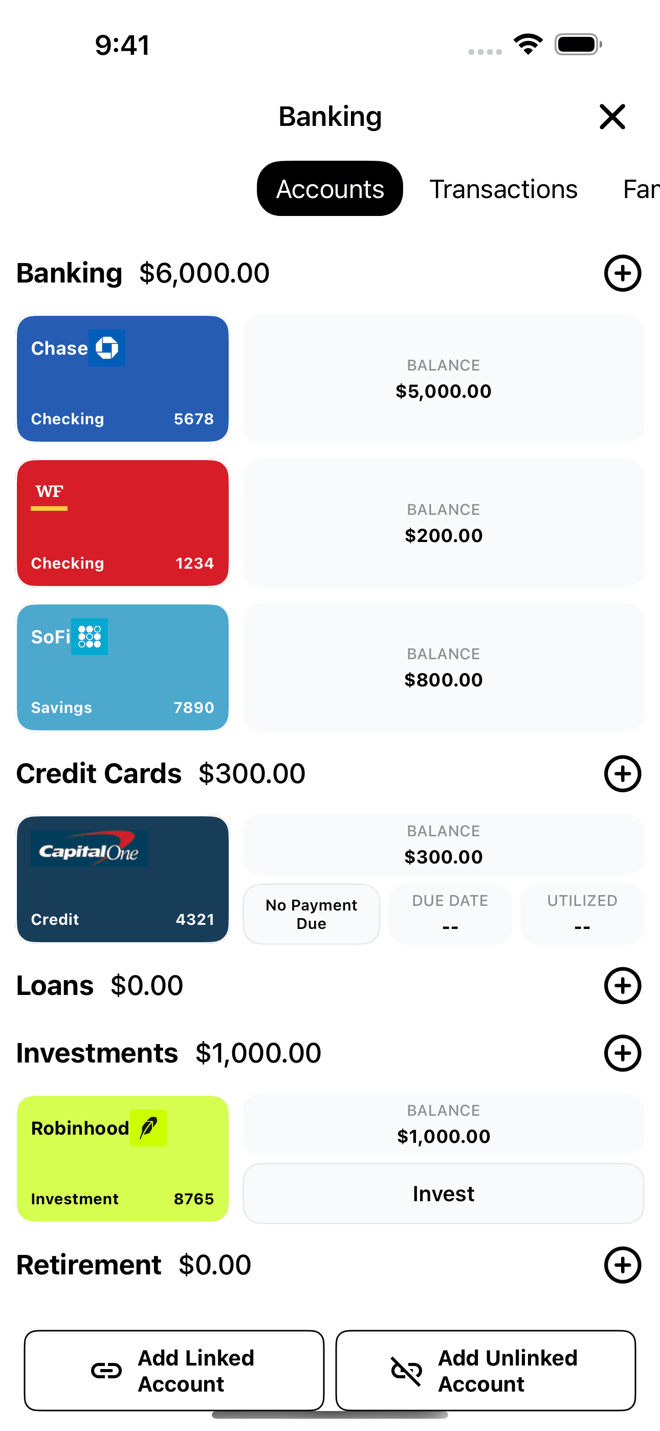 Thrive app accounts screen